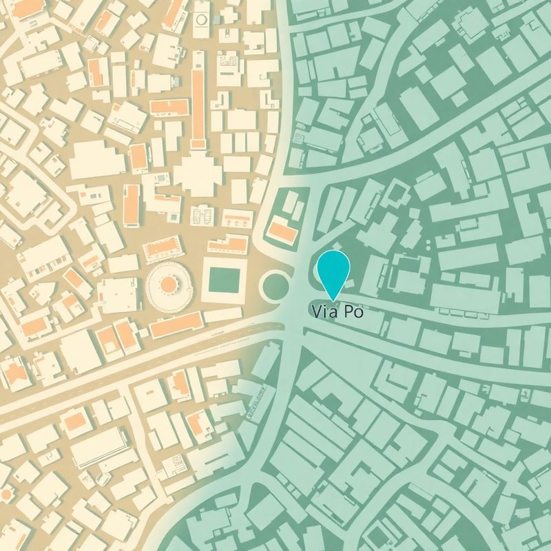 Illustrazione aerea di Torino con pin teal sulla sede di Via Po 14